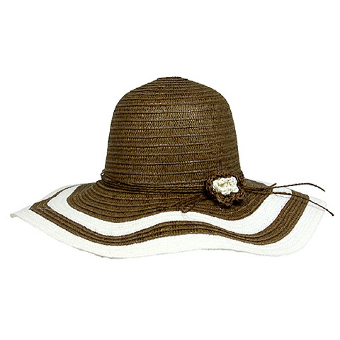 Wide Brim Hat - 2 Tones w/ Flower - Brown - HT-H2270BN